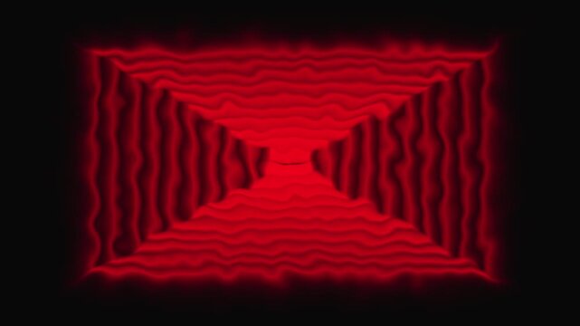 Abstract red square tunnel with wavy walls on dark background. Red square tunnel concept. Red square tunnel depth motion.