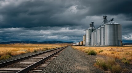 Obraz premium Grain Silos Under Dramatic Cloudy Sky Along Railroad Tracks