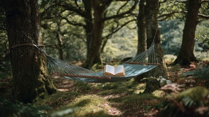 Serene Hammock in Forest with Open Book Awaiting Readers' Relaxation
