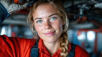 Fototapeta premium A confident young woman in work gear smiles warmly while posing under industrial lighting, representing empowerment and strength in the workforce, showing determination and capability.