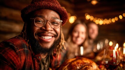 Obraz premium A jovial group of friends enjoying a festive dinner together, filled with laughter and celebration, creating memorable moments in a cozy, warmly lit setting.