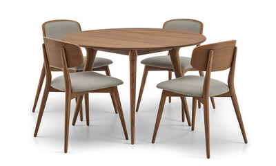 Fototapeta premium Modern Round Wooden Dining Table with Four Mid-Century Chairs Isolated on White Background
