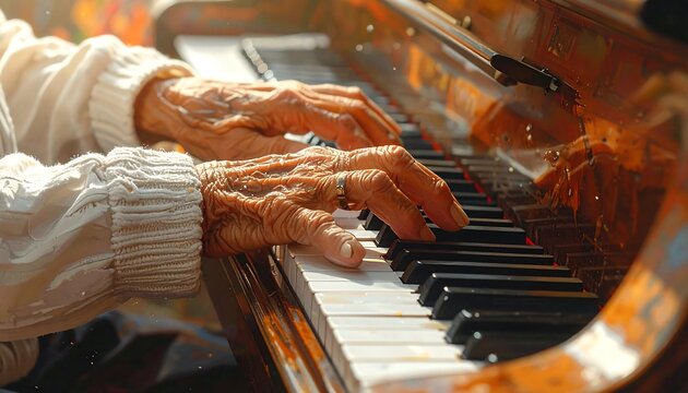 Elderly hands playing piano with focused concentration on keys.