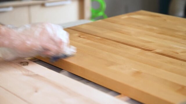 Master carpenter, Applying natural oil on natural wood product. Hand applying wood protection oil on boards with rags. Hand applying wood protection piece in gold color with rags, indor.