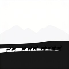 Obraz premium Silhouette of deer herd grazing at dusk on misty hillside with dramatic backlight