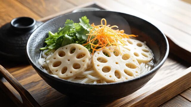 Steaming bowl of Asian noodle soup featuring sliced lotus root, julienned carrots, and fresh cilantro in a black ceramic bowl placed on a rustic wooden tray and table surface.