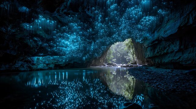 A stunning blue cave with a body of water reflecting the ceiling