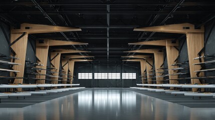 Naklejka premium Modern Warehouse Interior with Wooden Elements and Storage Racks