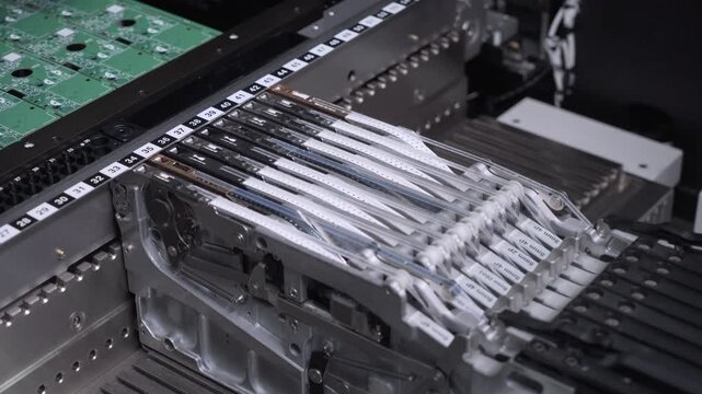 Robotic production of printed circuit board. Automated manufacturing of electronic chips. Close-up of a part of the production line in the process of manufacturing microchips.