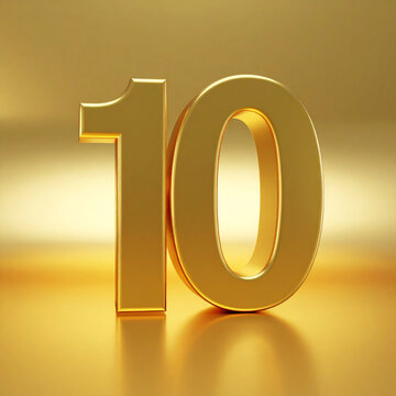 Golden number 10, 3D rendering, metallic shiny surface, elegant golden gradient background with smooth light transitions, luxury design