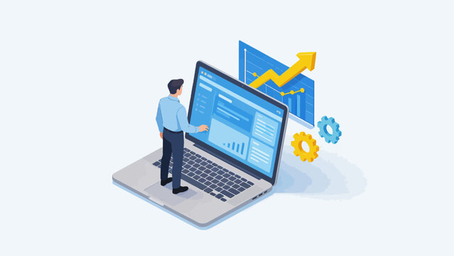 Man standing on laptop with data charts
