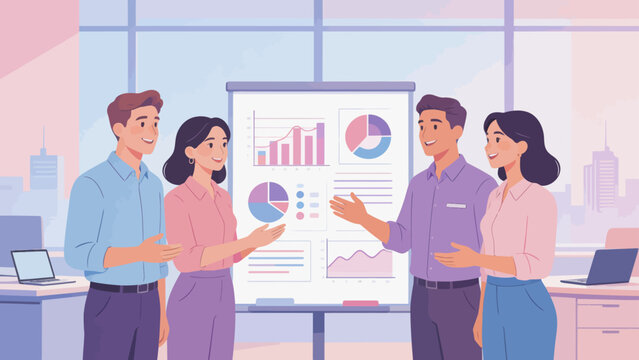 Office team discussing data charts