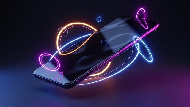 Futuristic smartphone with vibrant neon light trails swirling around it in a dark setting creating a dynamic high-tech visual effect for modern technology themes