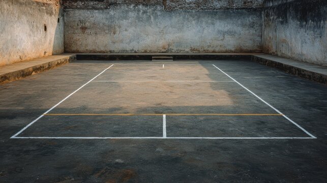 Desolate Outdoor Tennis Court Under Sunset Light and Textured Walls