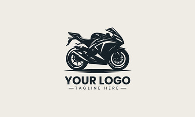 Obraz premium Black sport motorcycle side view is presented as bold monochrome vector logo on clean white background for automotive and racing branding use