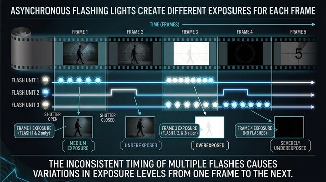Asynchronous flashing lights create different exposures for each frame in photography