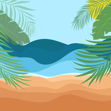 Hello Summer. Vector Beach Illustration with Tropical Leaves, Sea and Sand. Flat Cartoon Vector Background for Seasonal Poster, Travel Banner, Holiday Card, Vacation Concept, Summer Greeting Design
