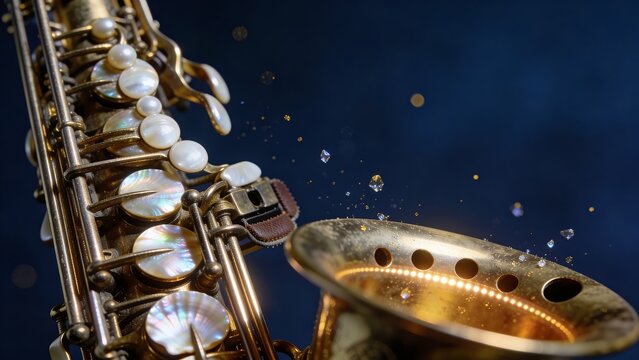 Close-up Detailed Shining Golden Saxophone Musical Instrument with Bokeh Background