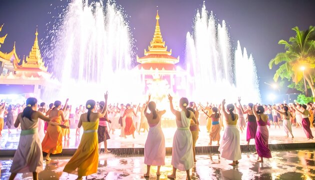 Night celebration of Southeast Asian water festival with traditional dancers and fountain, Generative AI