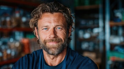 Obraz premium A portrait of a smiling man with a beard in a workshop, reflecting a sense of craftsmanship, personality, and the warmth of artisan skills in an inviting atmosphere.