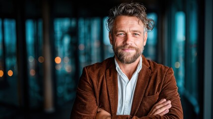 Obraz premium A charming and relaxed portrait of a smiling businessman standing outdoors, illustrating professionalism blended with a touch of casual elegance in a modern setting.