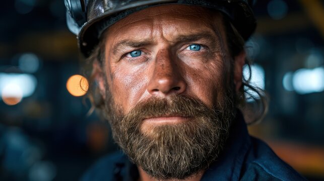 A close-up portrait of a rugged worker in a helmet, showcasing determination and resilience, reflecting the hard-working spirit of industry and craftsmanship.