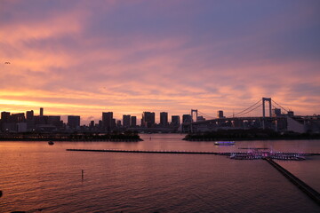 Obraz premium Evening view of Tokyo Bay with an illuminated fountain