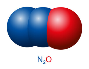 Nitrous oxide molecule, N2O, laughing gas, space-filling model. Inorganic chemical compound and oxide of nitrogen, used in surgery and dentistry for its anaesthetic and pain-reducing effects. Vector