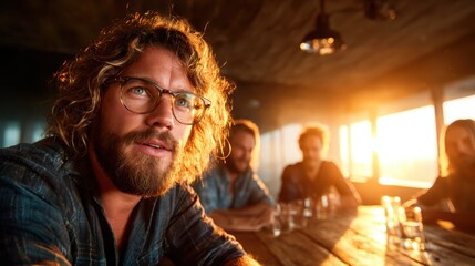 Obraz premium A thoughtful man with curly hair and glasses is captured in a warm sunset-lit room with friends, evoking a sense of intimacy and connection among them.