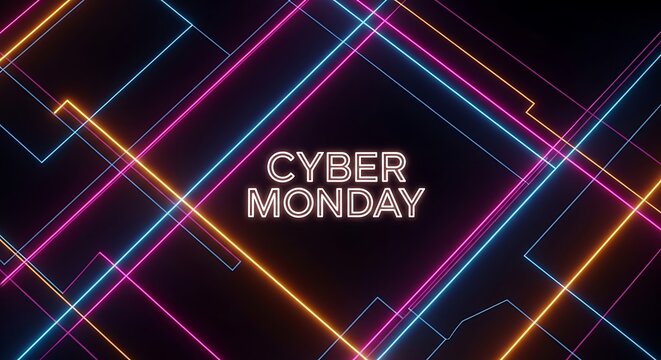 Cyber monday neon abstract background with glowing lines and text