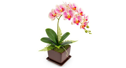 Fototapeta premium Elegant pink and white phalaenopsis orchid plant in a square brown pot on white background transparent background