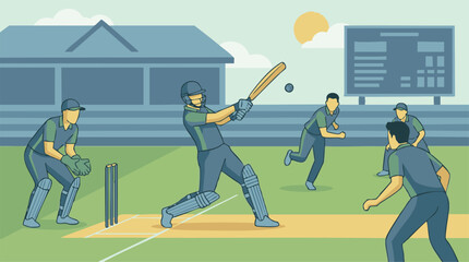 Cricket game with players on a green field and scoreboard illustration