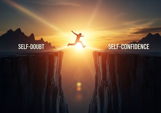 Man Jumping Over Cliff Gap Between Self-Doubt and Self-Confidence Concept