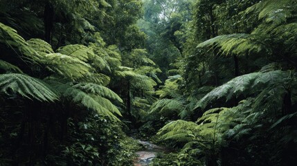 Fototapeta premium Lush Green Forest with Ferns and a Gentle Stream Flowing Through