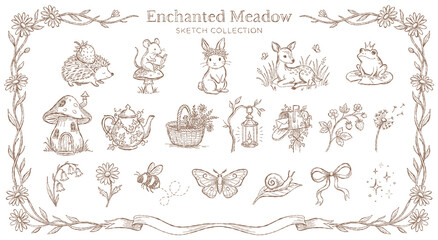 Vintage sketch set. Whimsical woodland and fairy tale elements. Sepia hand-drawn design. © Karina Martirosova