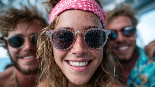 A group of cheerful friends smiling widely and posing for a vibrant selfie at the beach, capturing the essence of friendship and summer fun in a light-hearted moment.