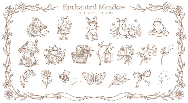Vintage sketch set. Whimsical woodland and fairy tale elements. Sepia hand-drawn design.