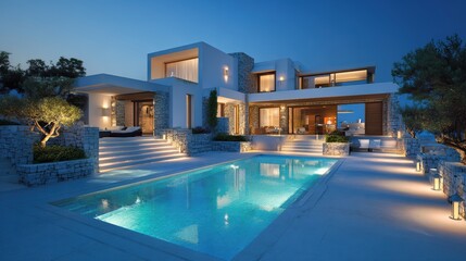 Fototapeta premium Modern Luxury Villa with Pool and Night Lighting in Beautiful Setting