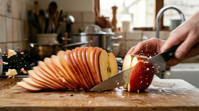 Hand cuts a fresh red apple into thin slices on wooden board