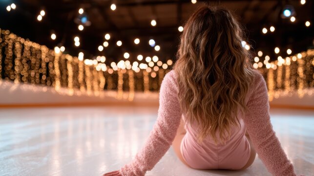 An elegant skater sits on the ice in a magical rink adorned with shimmering lights, evoking feelings of tranquility and grace while capturing the essence of winter wonder.
