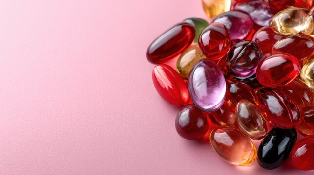 A vibrant collection of colorful gel capsules scattered on a soft pink surface, representing both aesthetics and the health industry, offering a cheerful visual appeal.