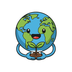 Fototapeta premium Cartoon globe character holding a plant.