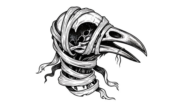 Blackwork skull tattoo with flames, isolated on a transparent background