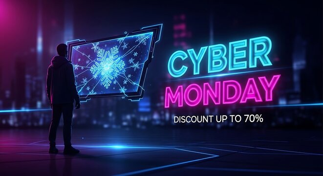 Cyber monday sale futuristic digital shopping experience with neon lights