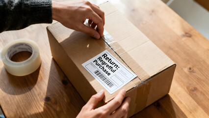 Naklejka premium Return of Regret: A pair of hands meticulously seals a cardboard box, labeled with the stark words Return: Regretful Purchase. A scene that speaks volumes about consumer choices.