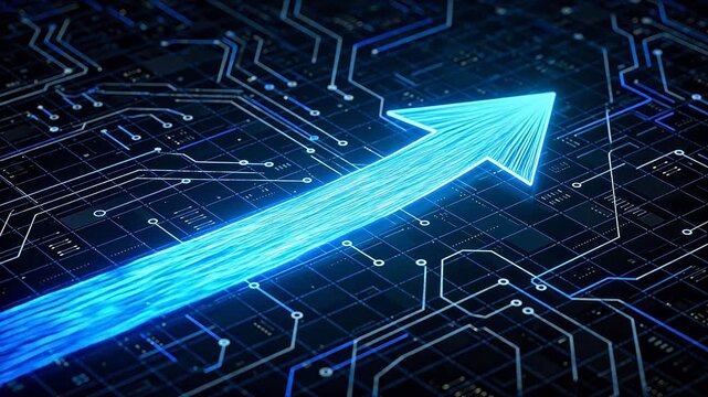 Blue glowing arrow on circuit board