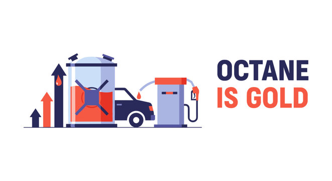 Gas station with gold octane rating in modern illustration for automotive branding