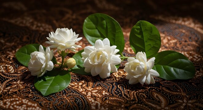 Four white jasmine blossoms with green leaves on dark Indonesian batik textile in soft light
