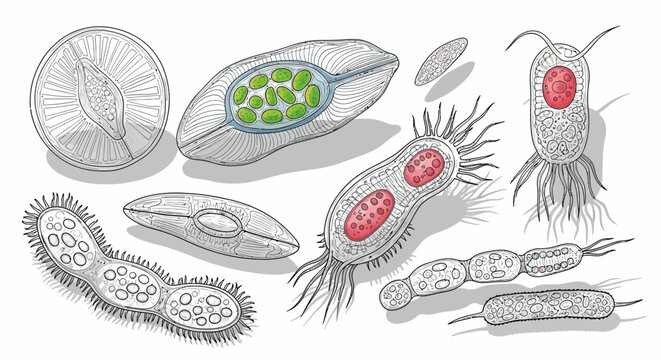 Collection of Diverse Microscopic Organisms and Bacteria Illustrations.