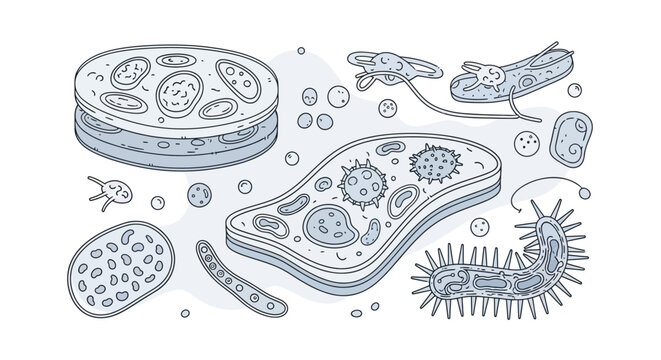 Collection of Diverse Microscopic Organisms and Cells Illustrated.